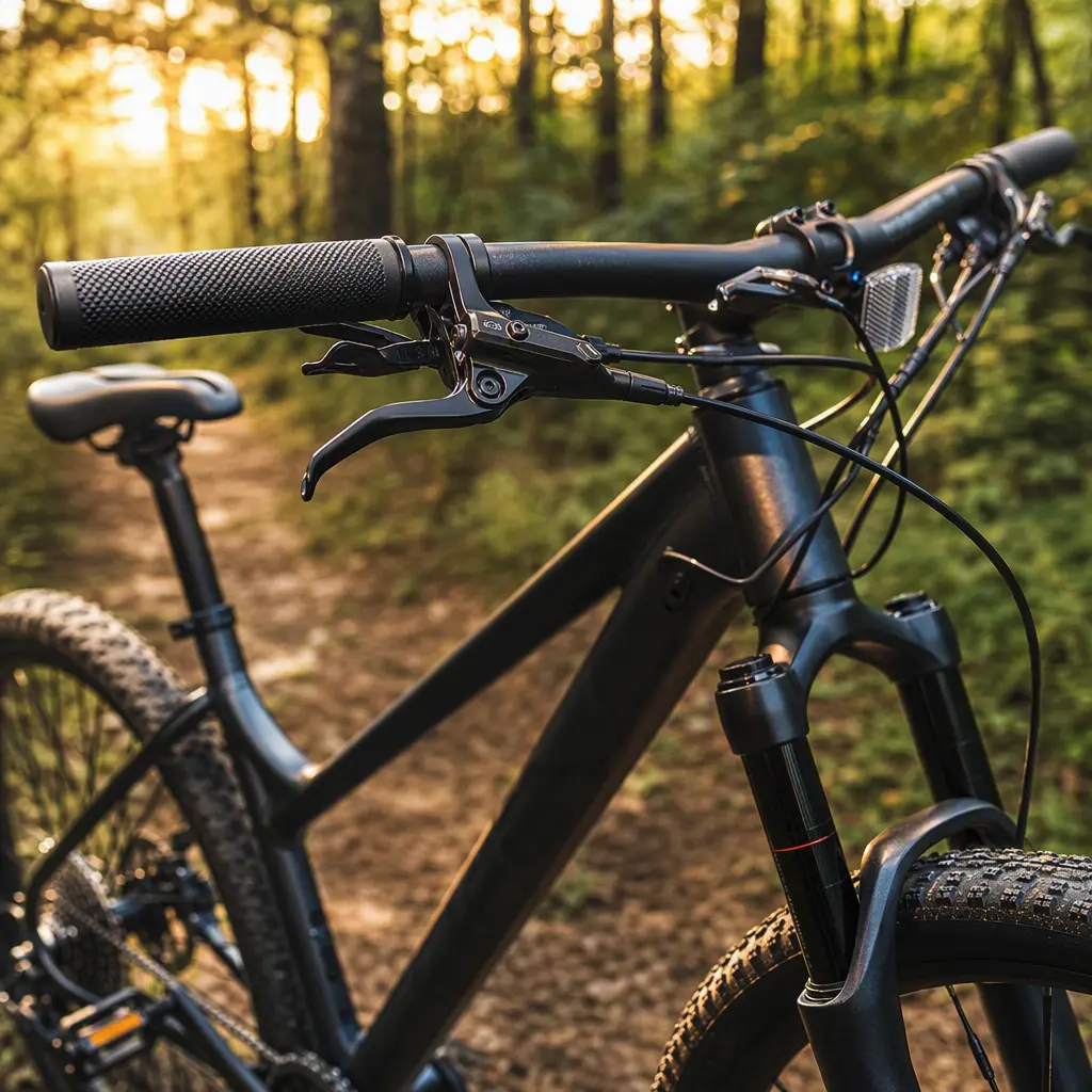 Close-up of hybrid bike handlebars and disc brake in woodland sunlight