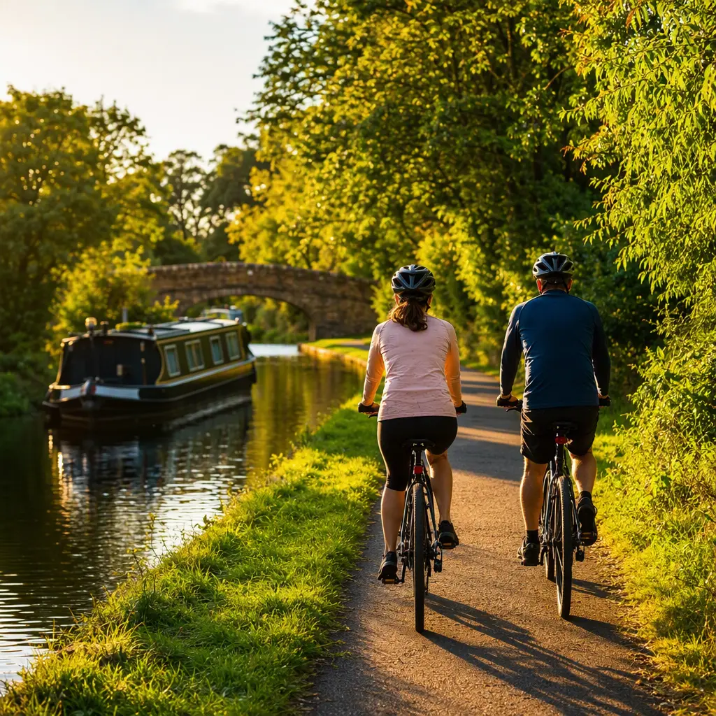 Two riders on hybrid bikes during a sunny weekend ride along a canal towpath