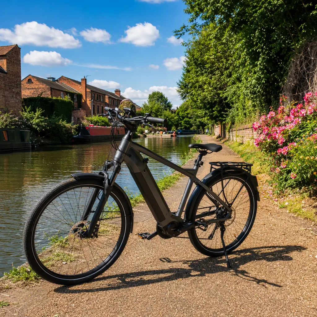 Electric trekking bike beside a canal towpath on a bright summer day