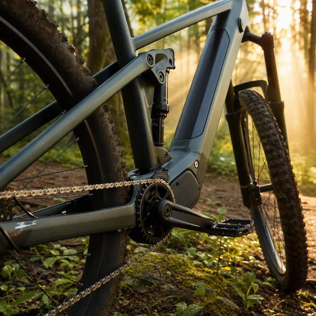 Close-up of a premium electric bike drivetrain and battery system in woodland sunlight