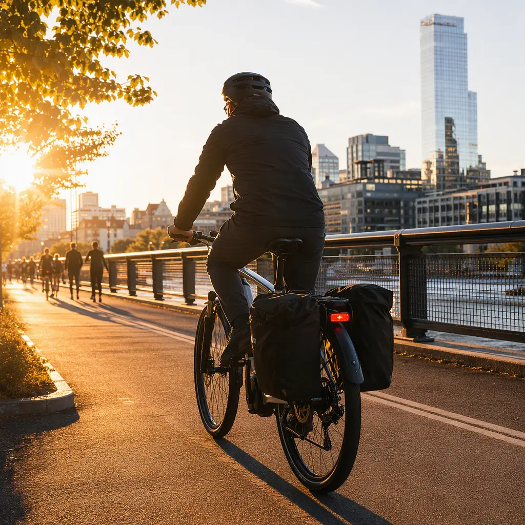 Premium electric trekking bike ridden through a city cycle lane at golden hour with panniers attached