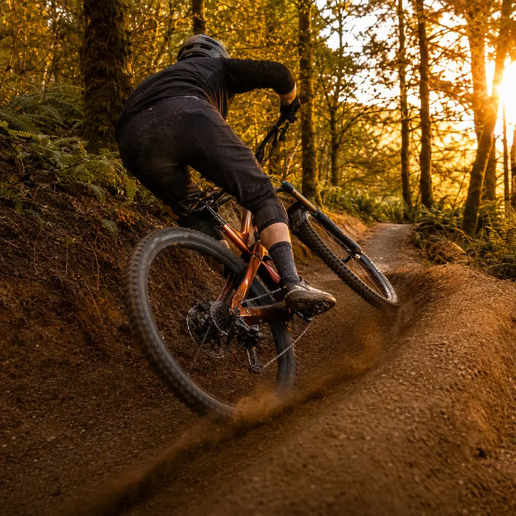 Full-suspension trail bike ridden quickly through woodland singletrack in warm evening light