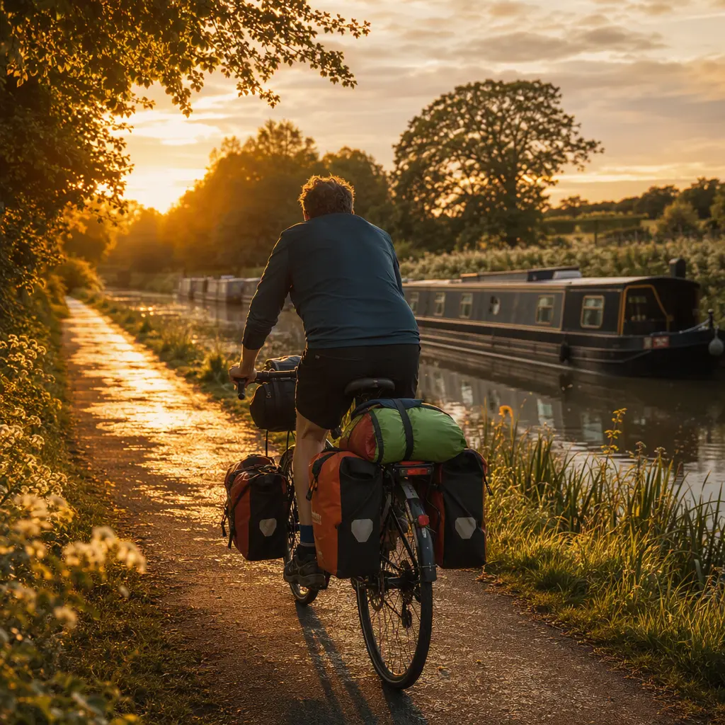 Loaded steel touring bike riding beside a canal at golden hour