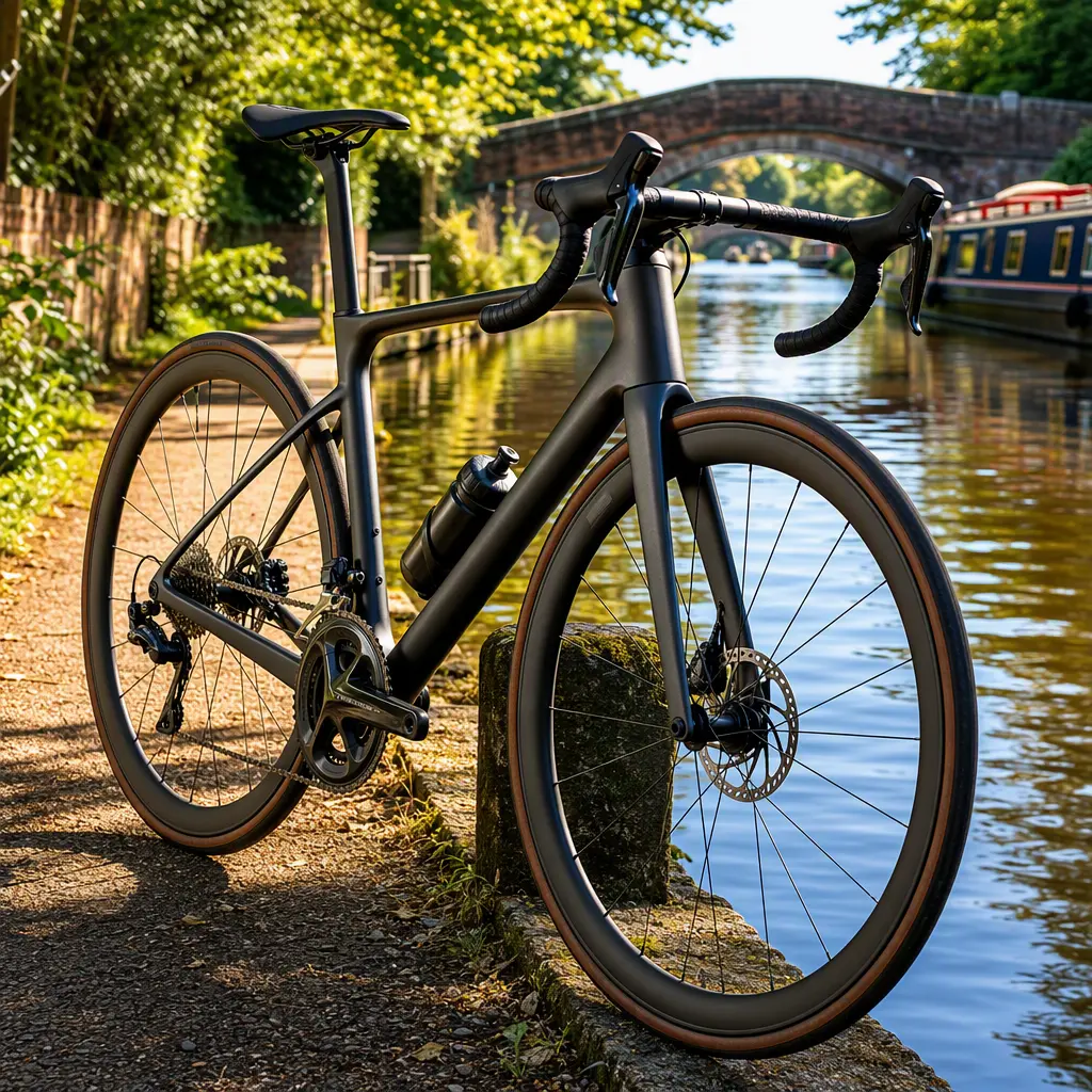 Carbon endurance road bike beside a sunny canal towpath