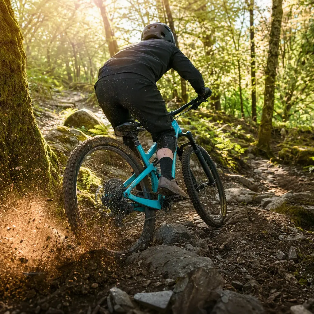 Full-suspension trail bike riding through sunlit woodland on a UK trail