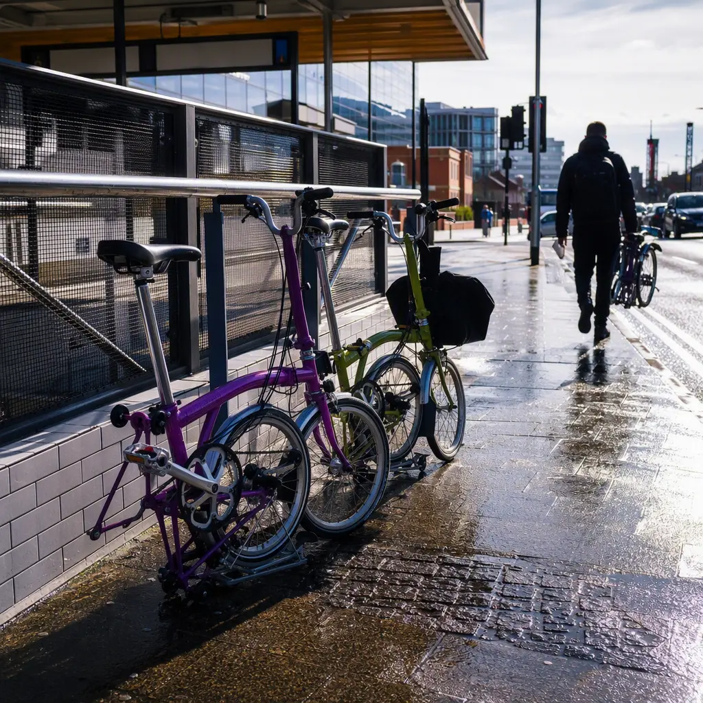 Two folding bikes beside a sunny urban station entrance during a commuter journey