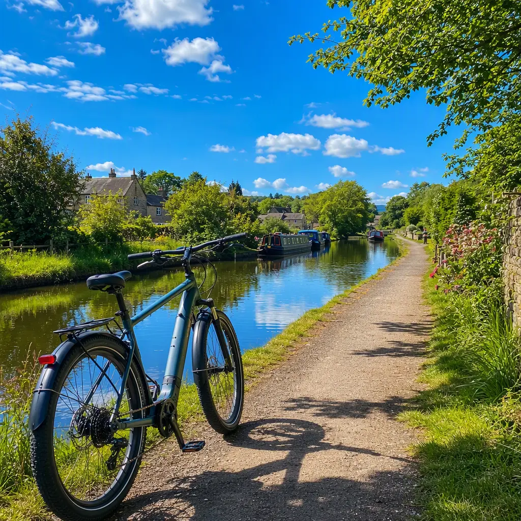 Hybrid bike beside a sunny canal towpath with wide tyres and mudguards