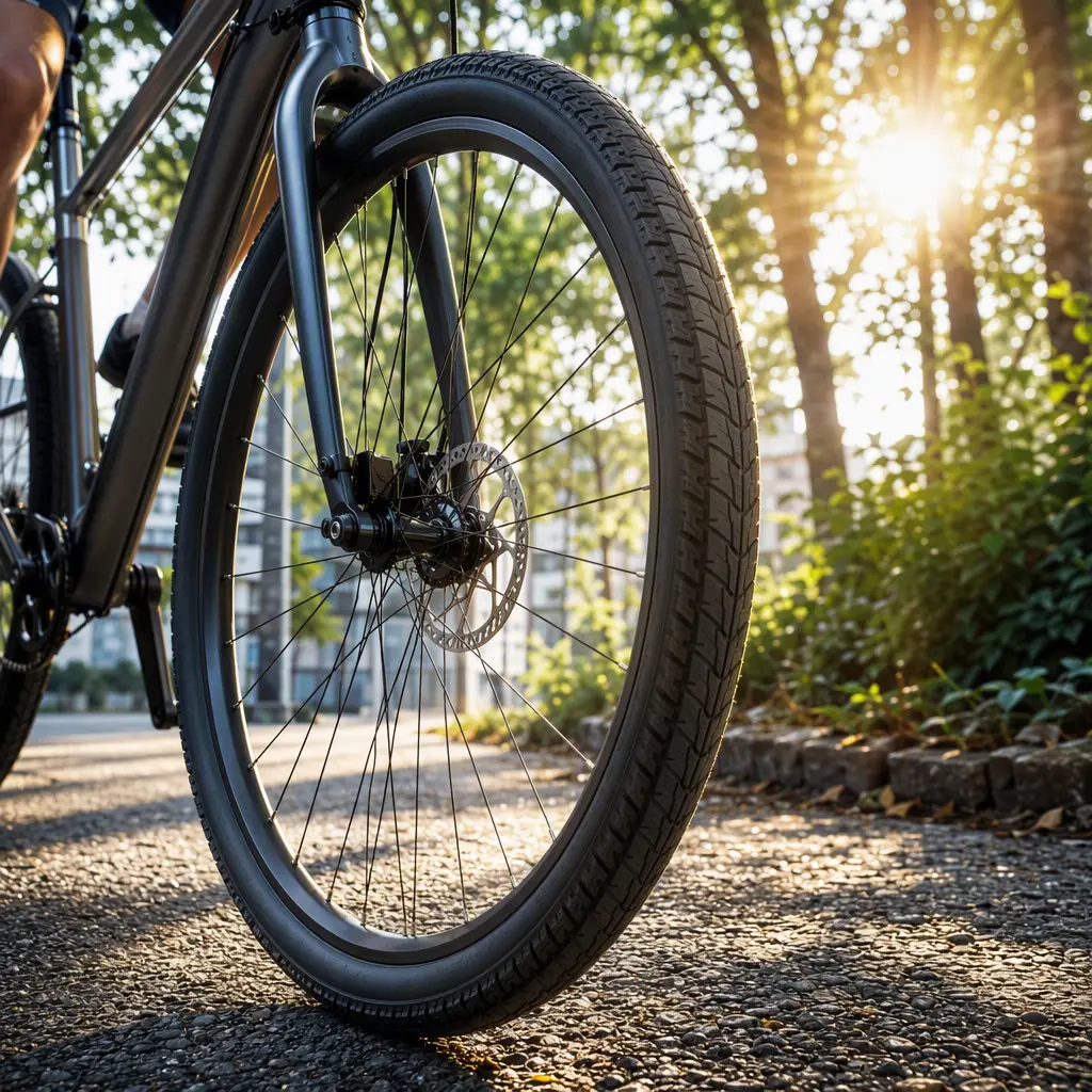 Close-up of a hybrid bike tyre and disc brake on rough tarmac