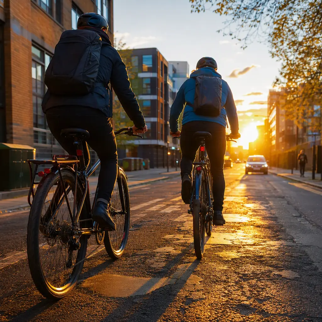 Two hybrid bikes riding along a rough UK city street at golden hour