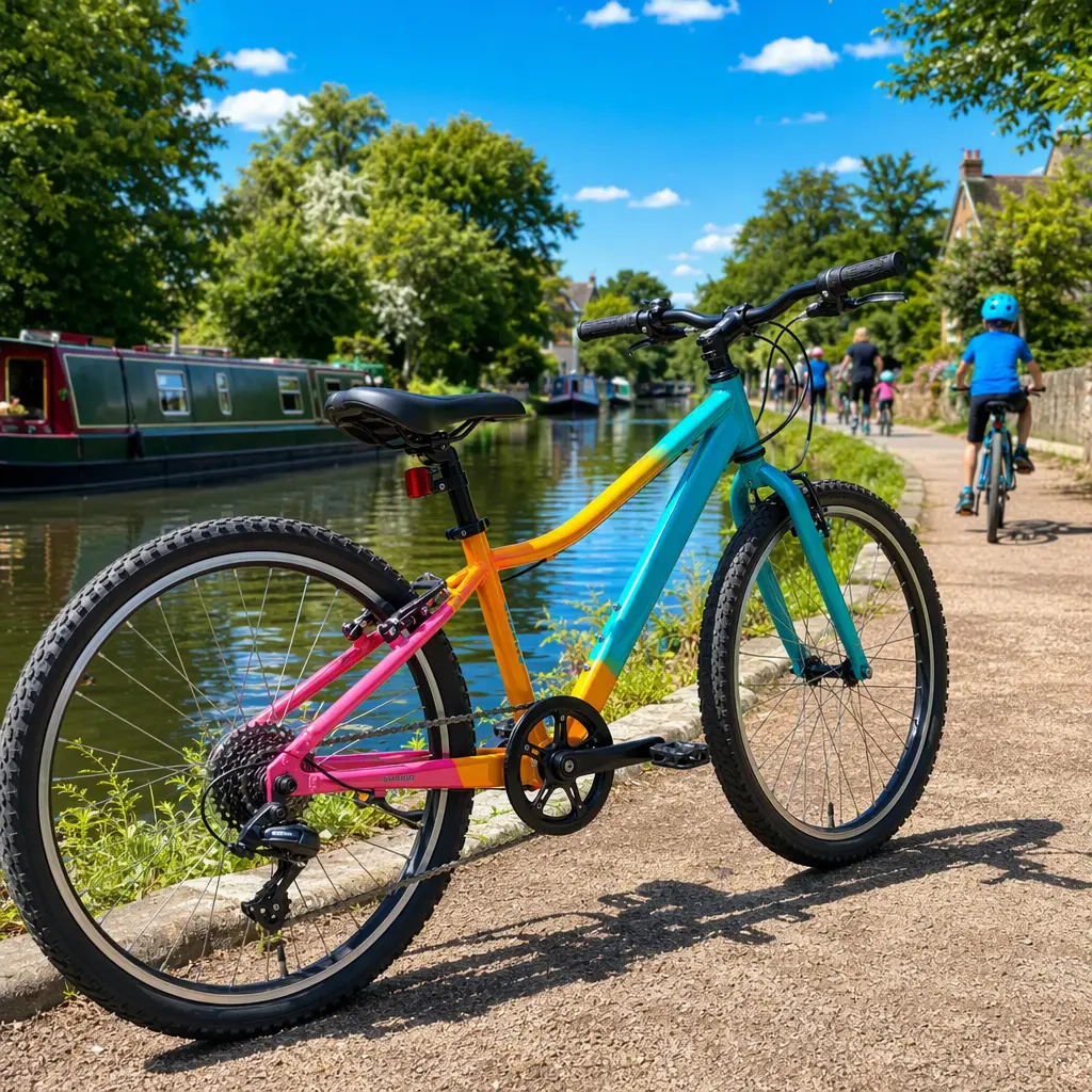 24-inch kids' hybrid bike beside a sunny canal towpath