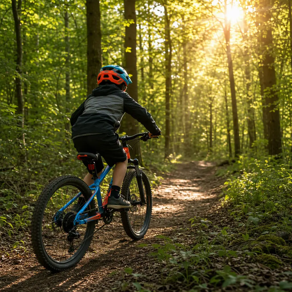 24-inch kids' bike on a sunny woodland trail with warm morning light