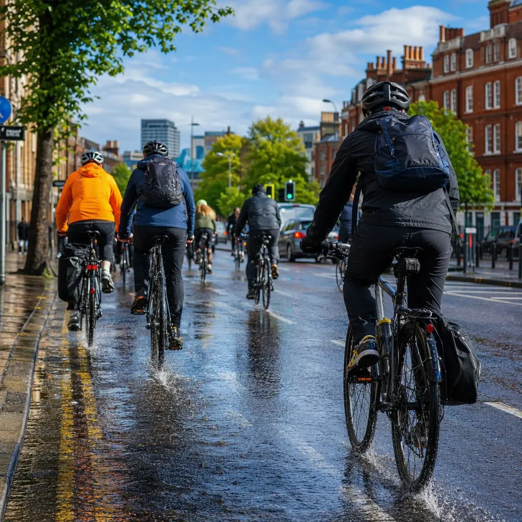 Commuter cyclists riding practical city bikes on a bright wet-weather urban street with mudguards and panniers.