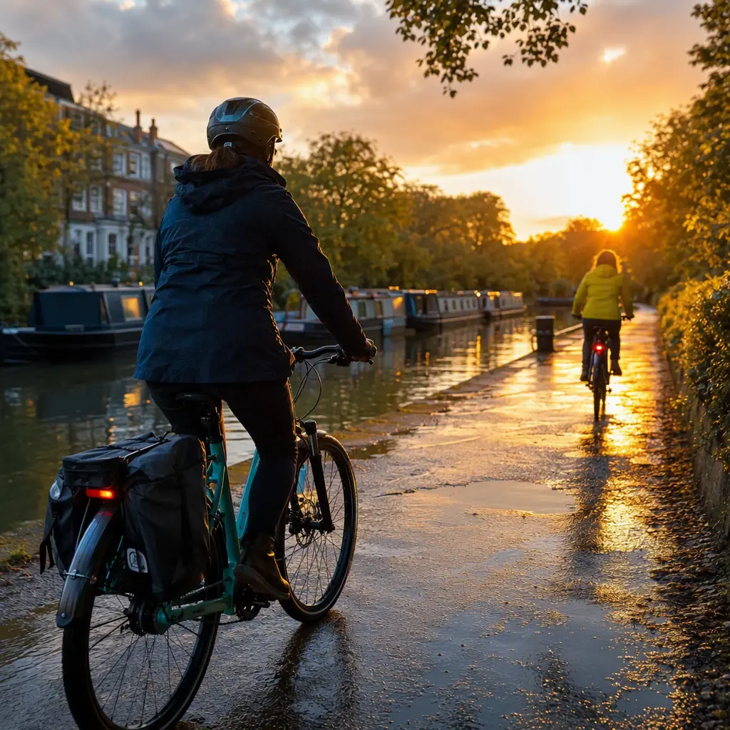 Budget electric commuter bikes on a sunlit canal towpath during golden hour