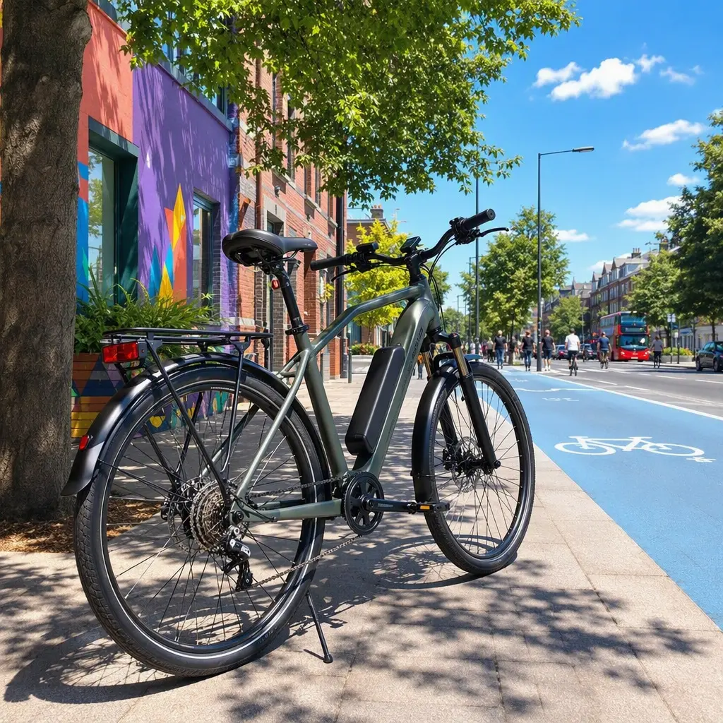 Electric hybrid bike beside a sunny urban cycle lane.