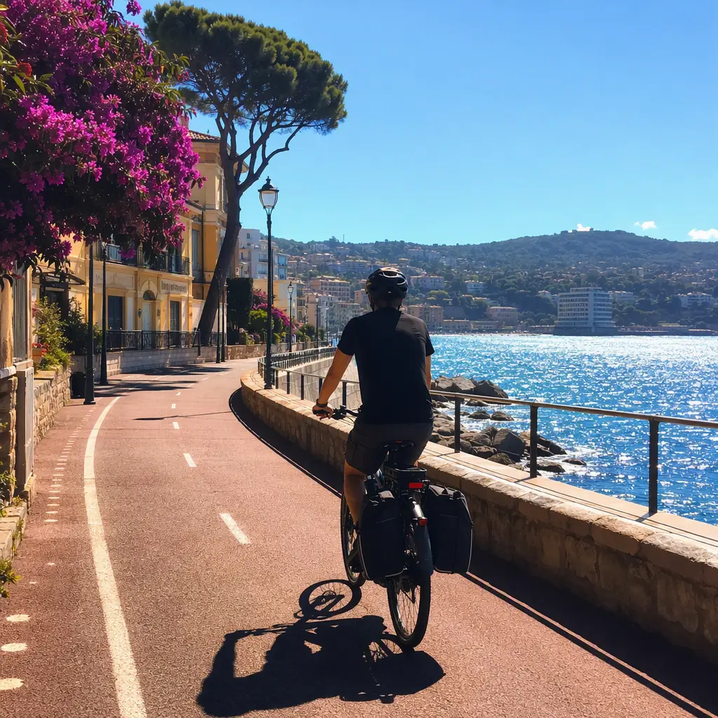 Electric hybrid bike riding along a sunny coastal promenade.