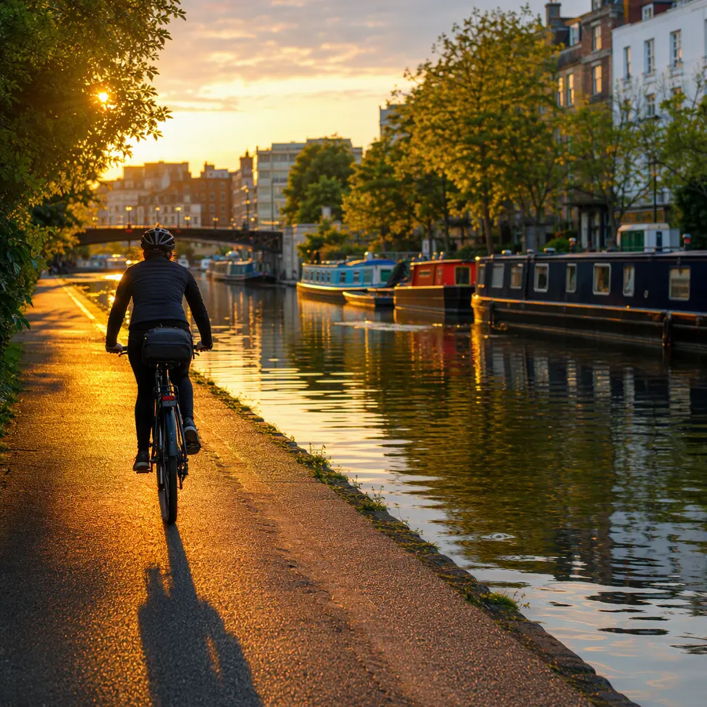 Electric hybrid bike on a sunlit canal towpath during golden hour.
