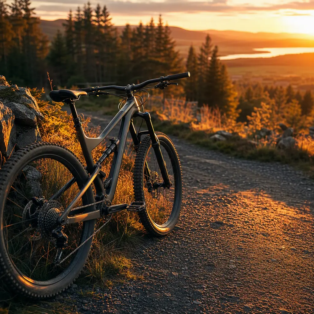Trail full-suspension mountain bike in golden evening light