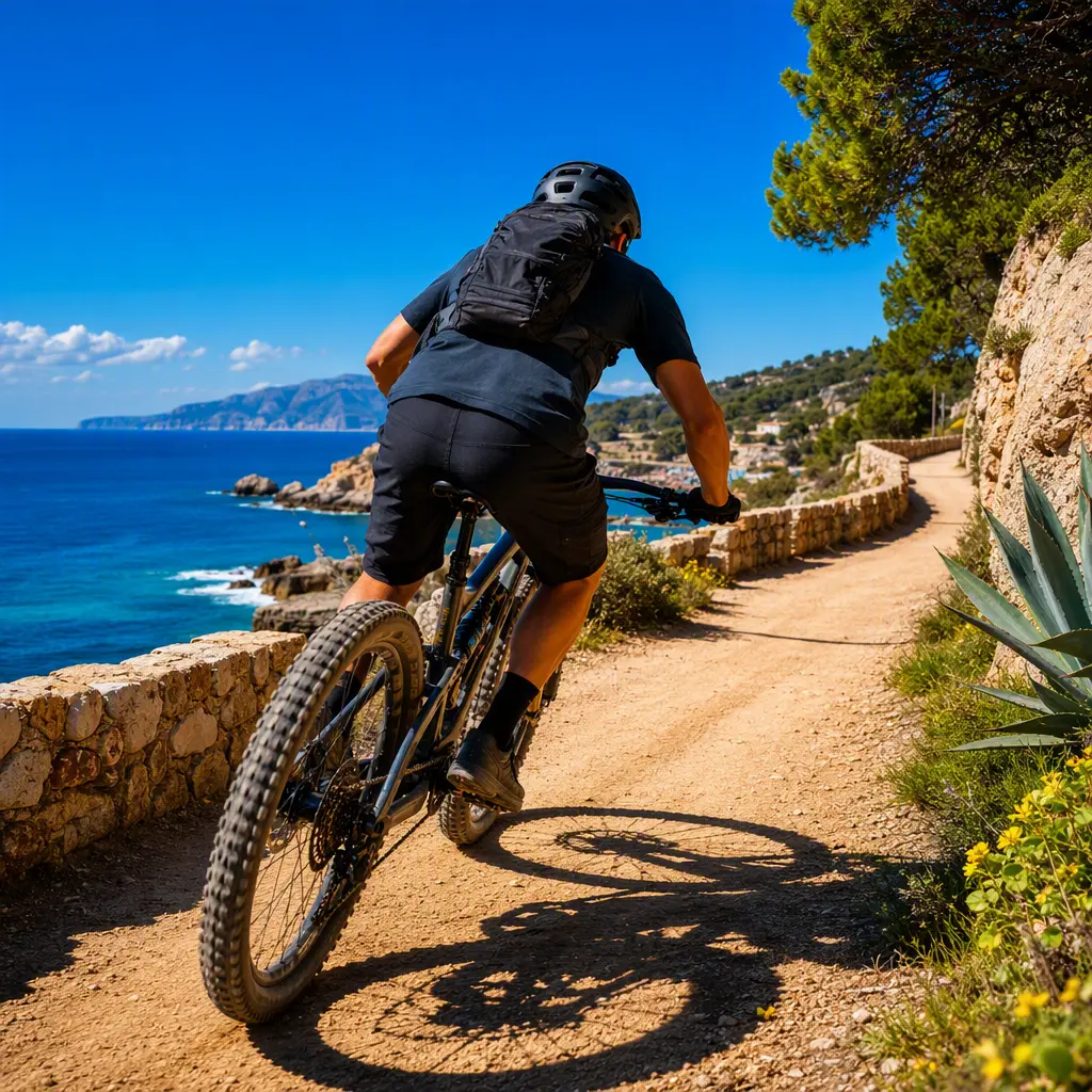 Full-suspension mountain bike riding beside the coast in bright sunshine