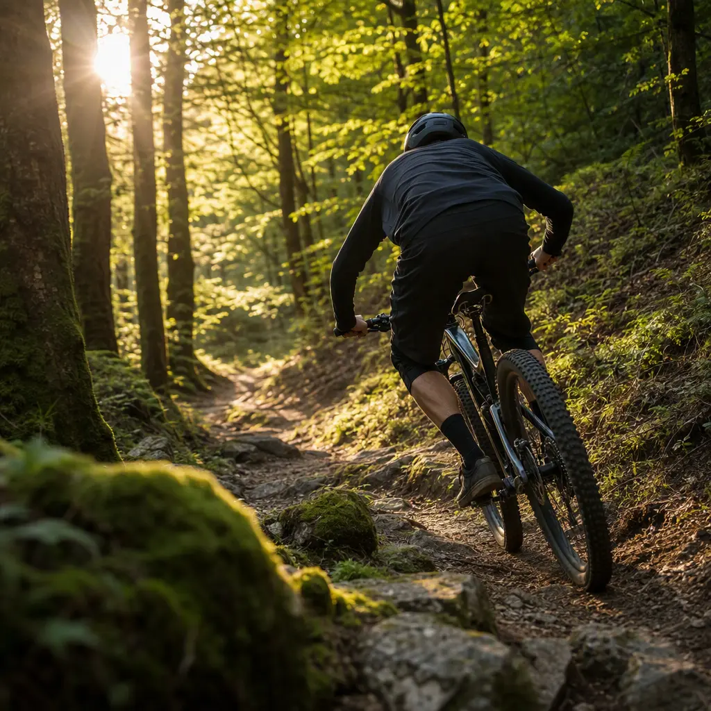 Full-suspension mountain bike on a sunlit woodland trail