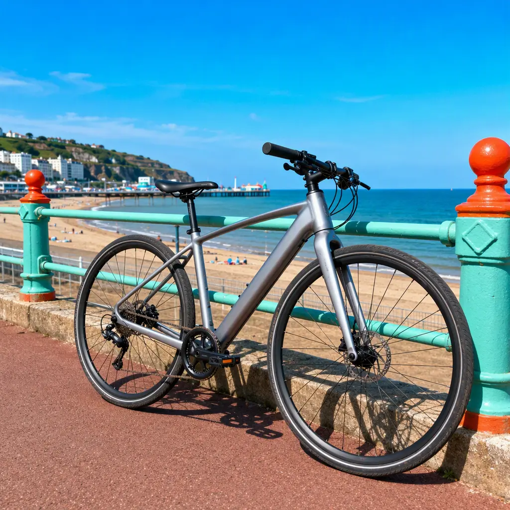 Hybrid bike beside a sunny coastal promenade
