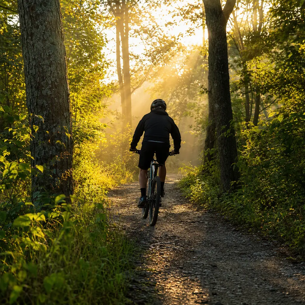 Hybrid bike on a woodland trail in warm morning sunlight