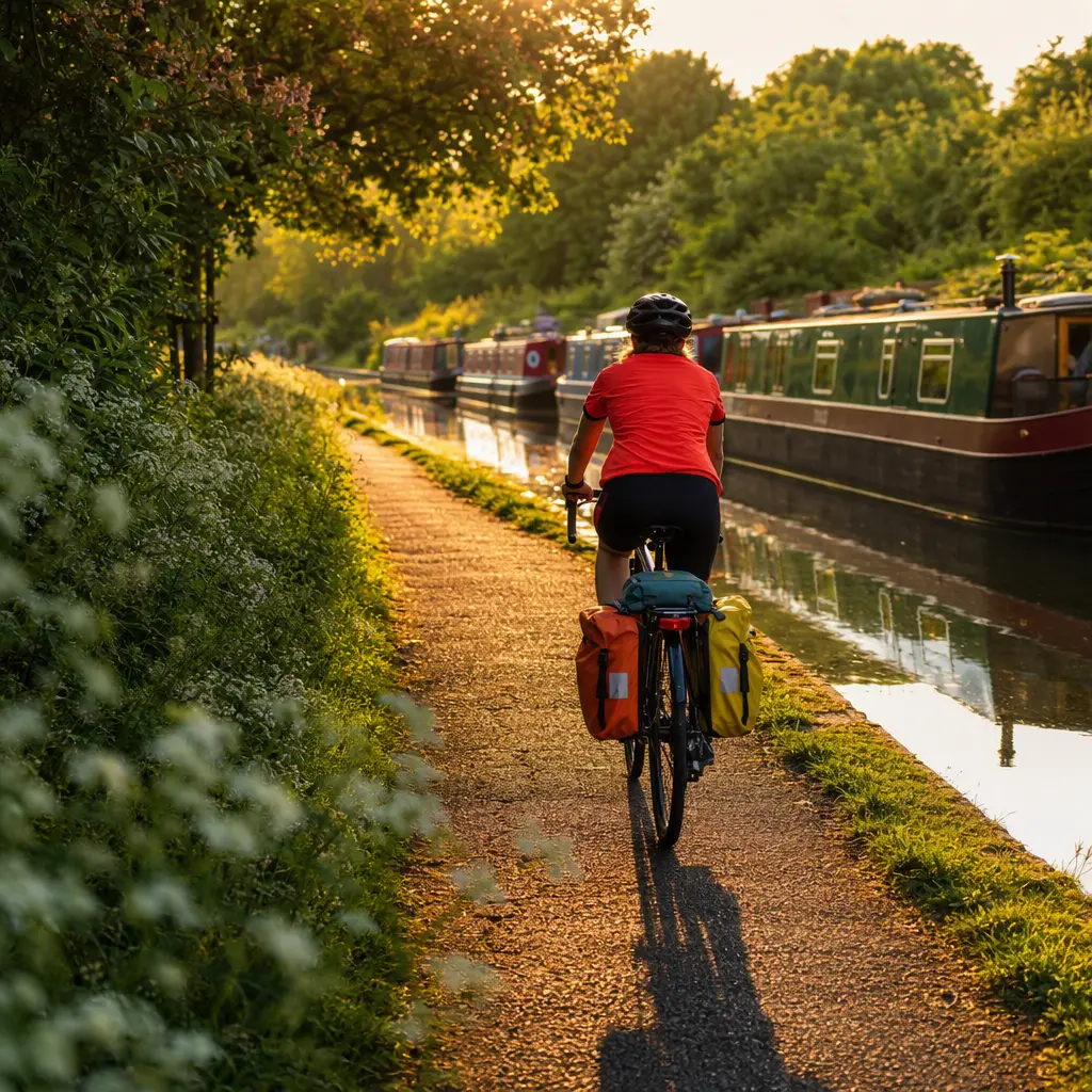 Hybrid bike on a sunny canal towpath during golden hour