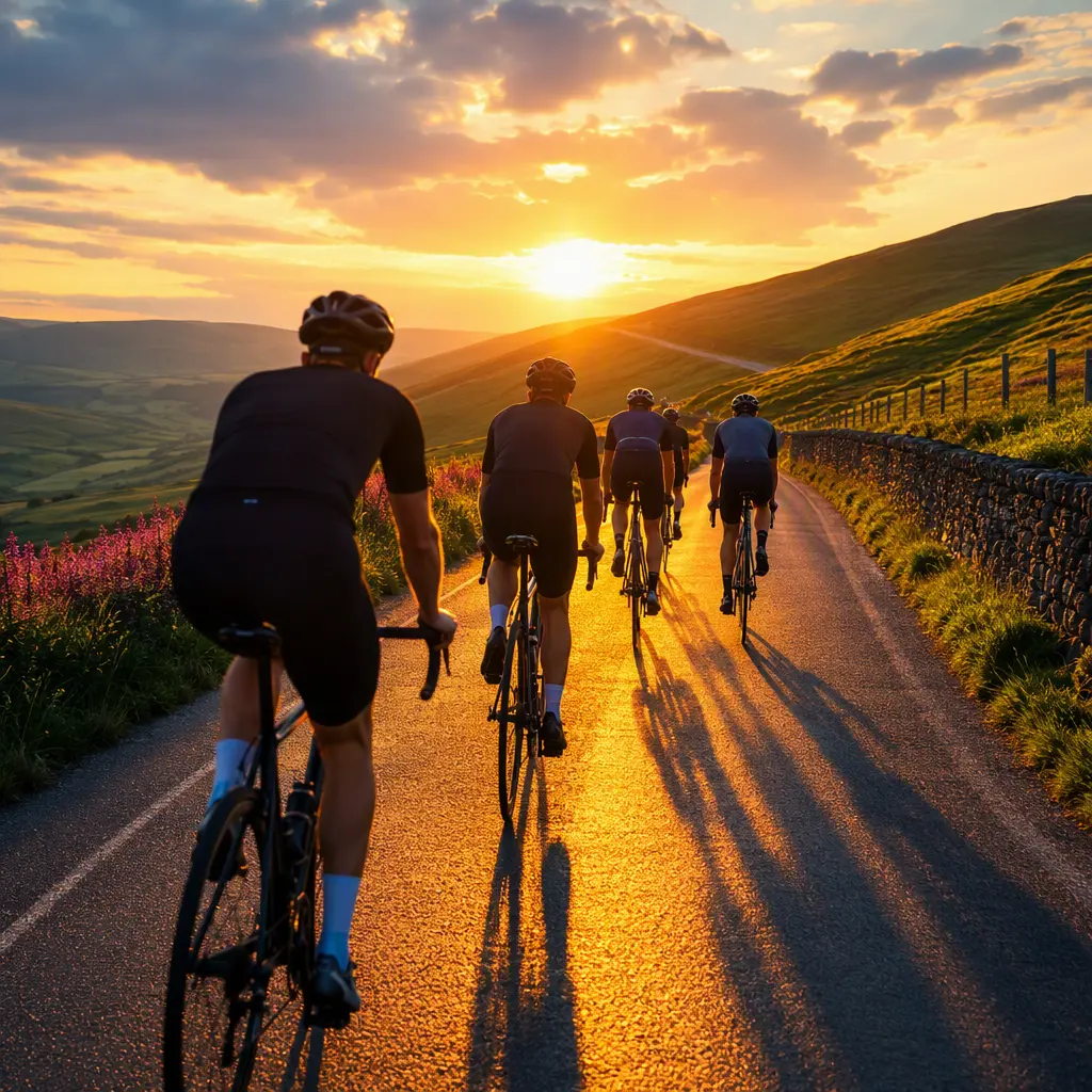 Beginner road cyclists riding uphill during golden hour