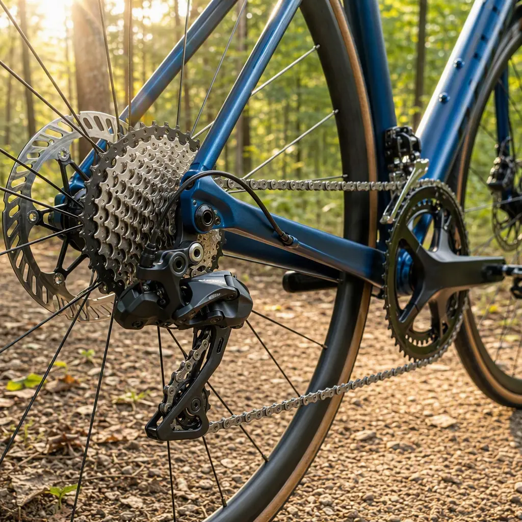 Close-up of gears and rear wheel on a beginner road bike