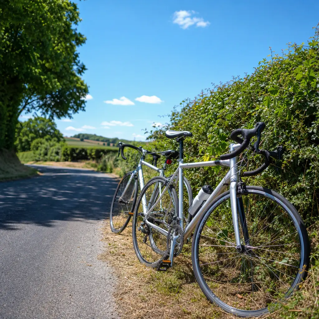 Entry-level road bikes beside a sunny UK country lane