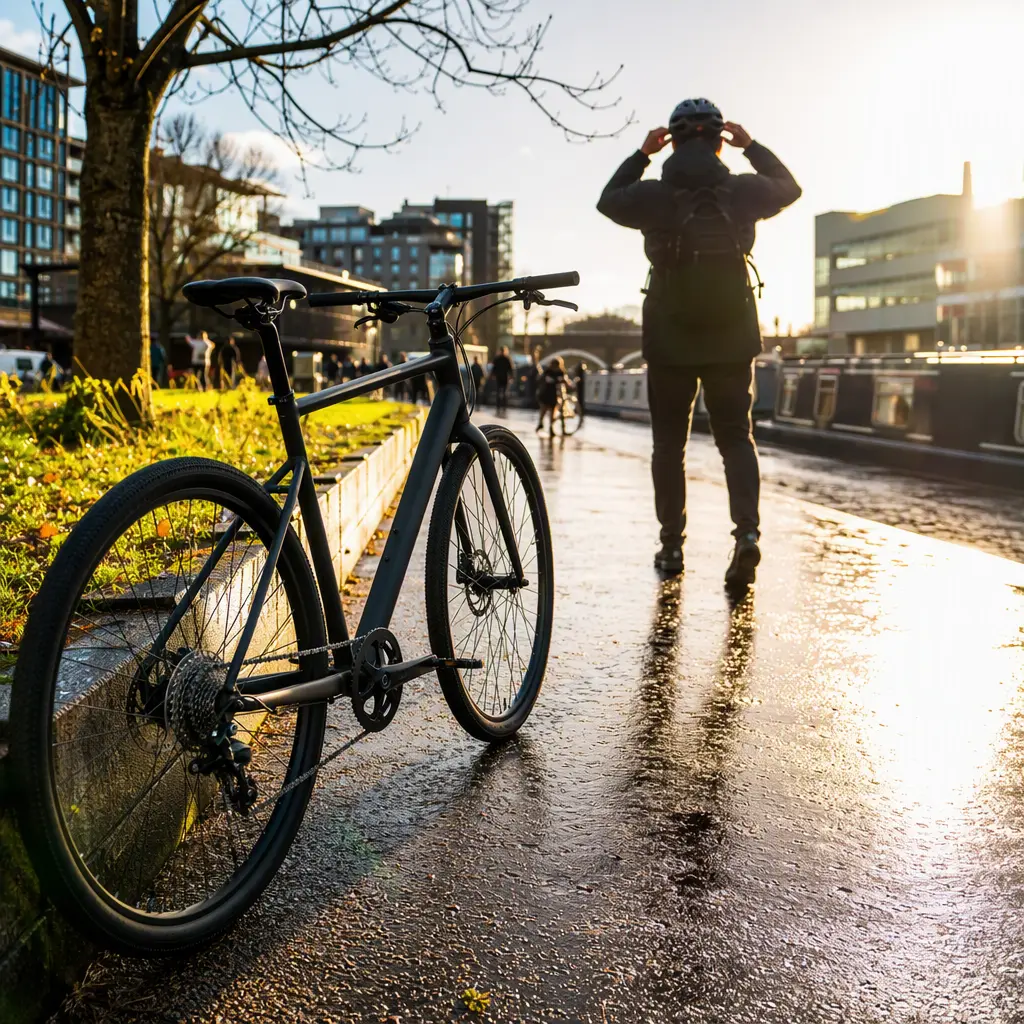 A stealthy flat-bar urban bike beside a canal towpath in bright city light