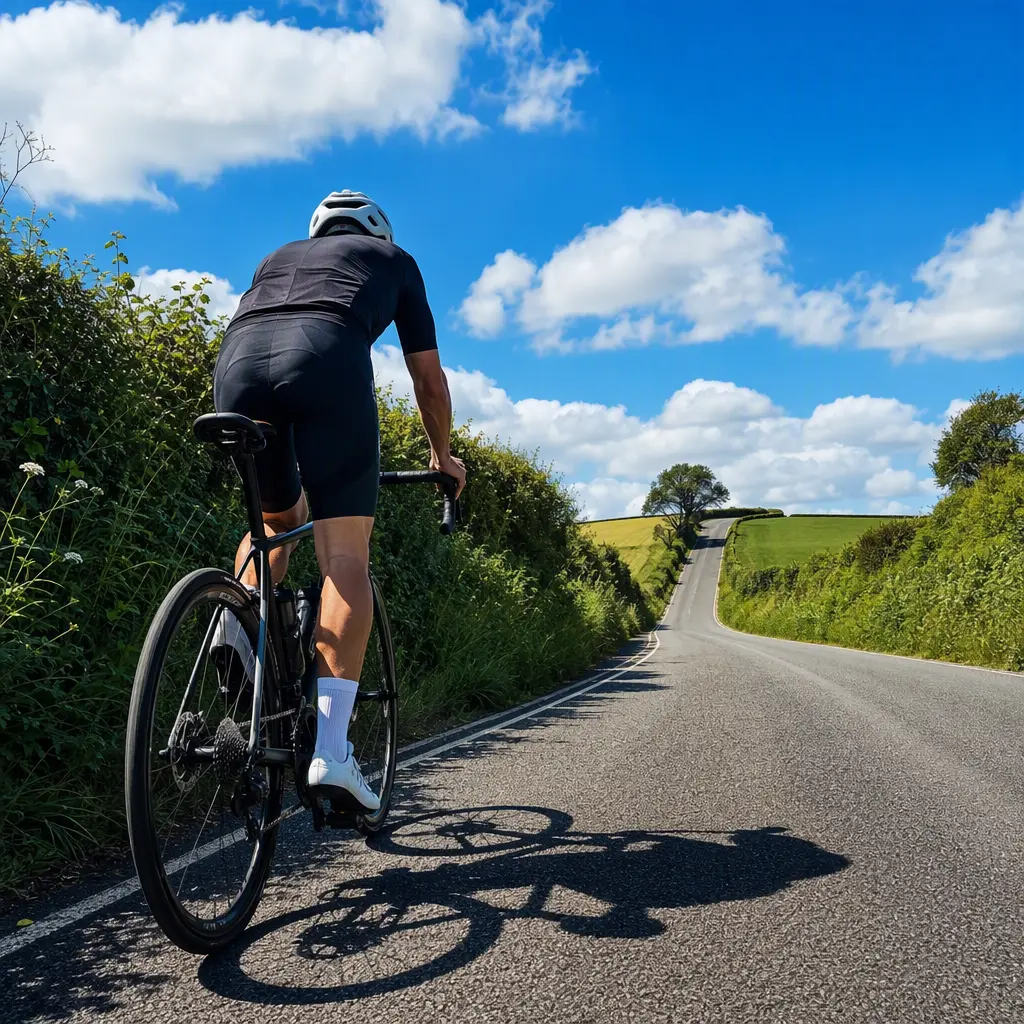 Road cyclist riding uphill on a sunny country road under a bright blue sky