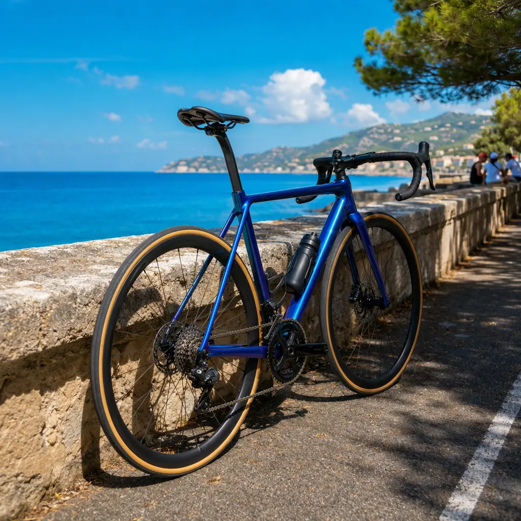 Endurance road bike beside a sunny coastal promenade with blue skies