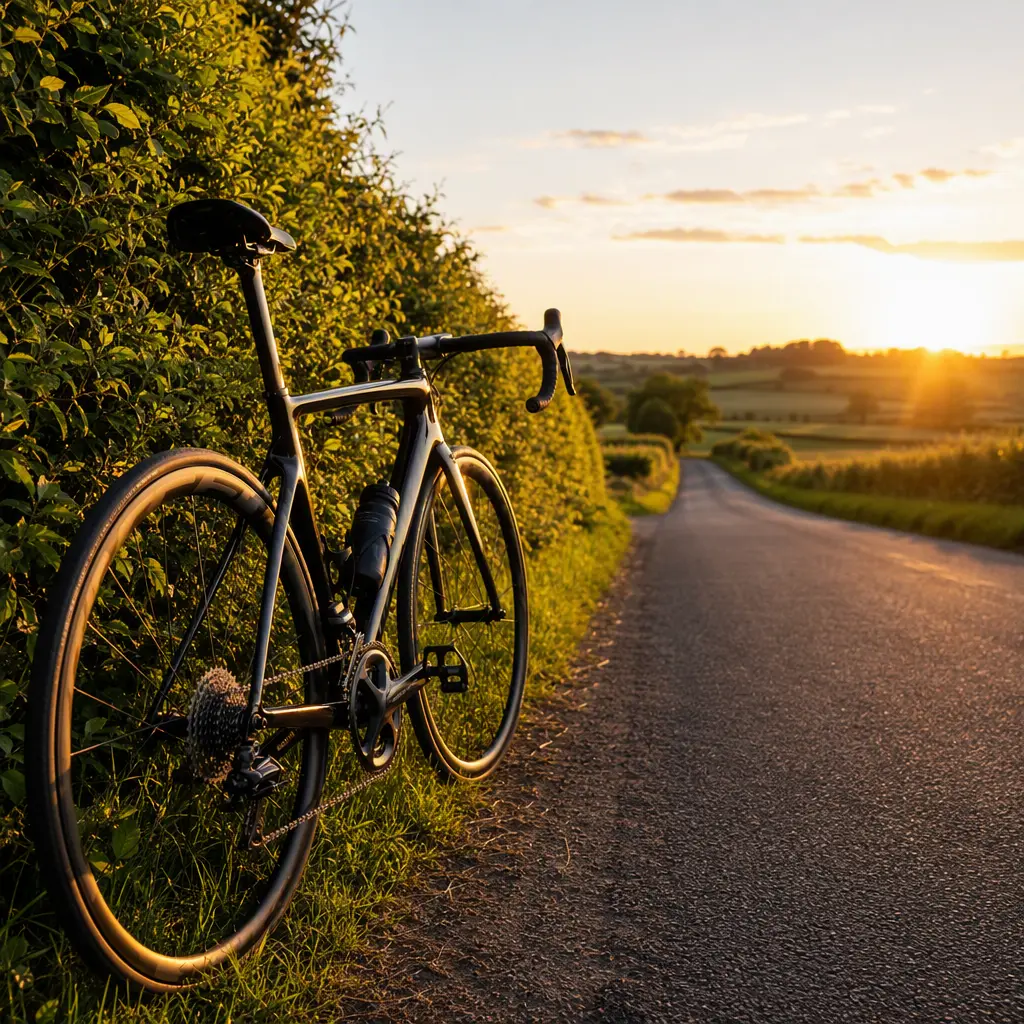Modern road bike on a sunlit UK country lane during golden hour