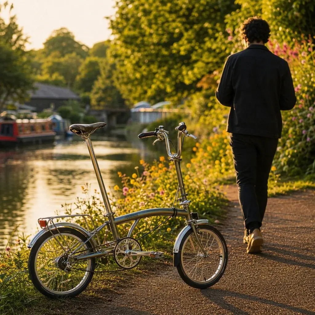 Classic compact folding bicycle beside a canal towpath in warm evening sunlight