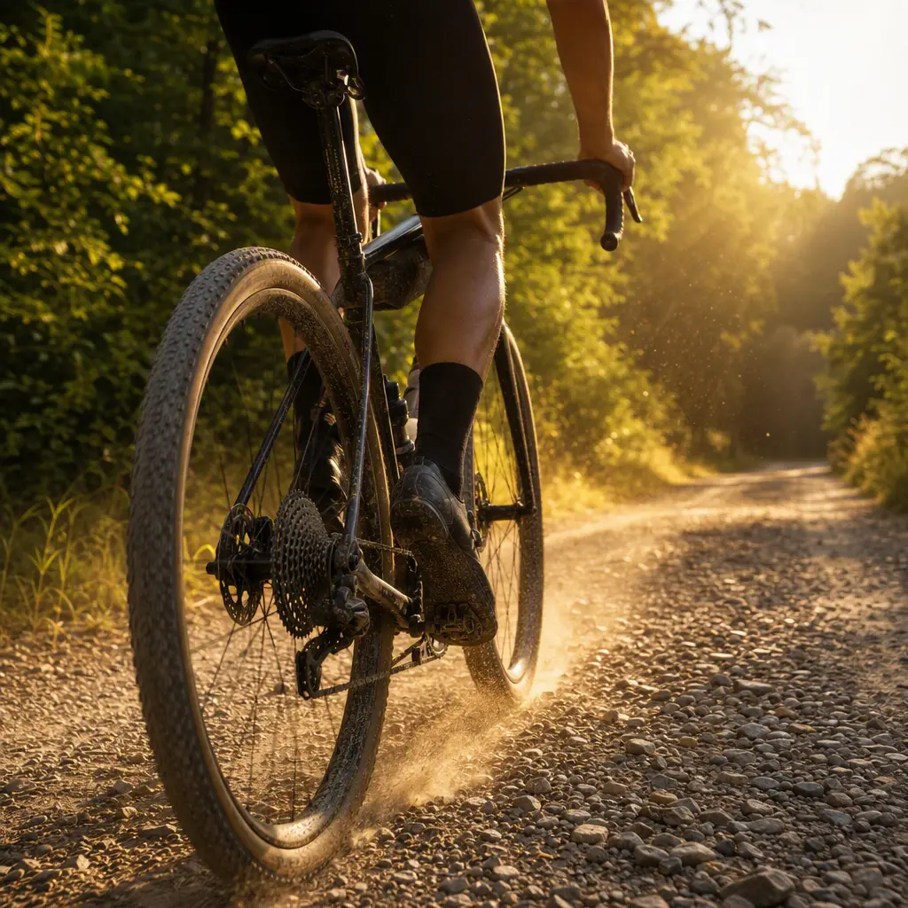 Wide gravel bike tyres rolling along a woodland gravel path in warm sunlight
