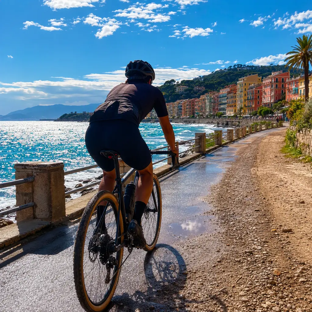 Gravel bike with medium-width tyres on a sunny coastal mixed-surface route