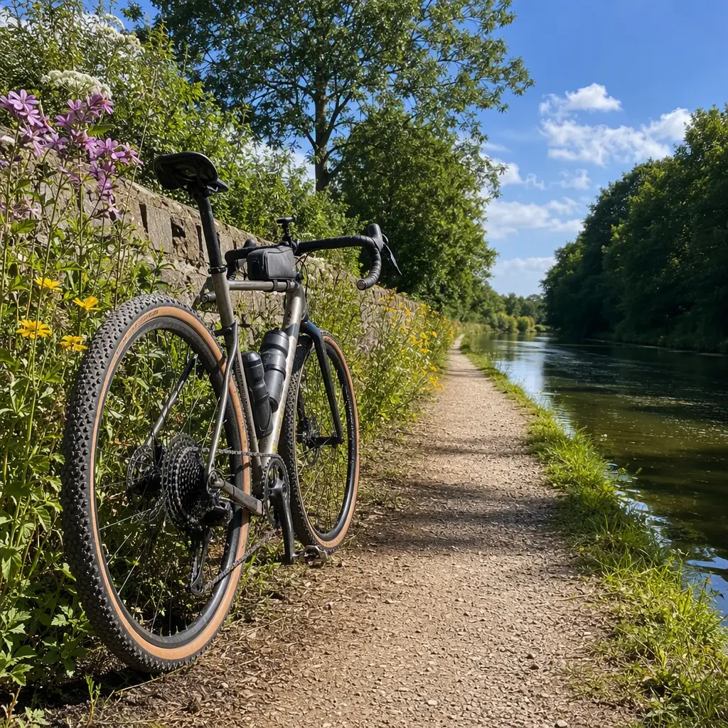 Gravel bike with wide tyres beside a sunny canal towpath in the UK