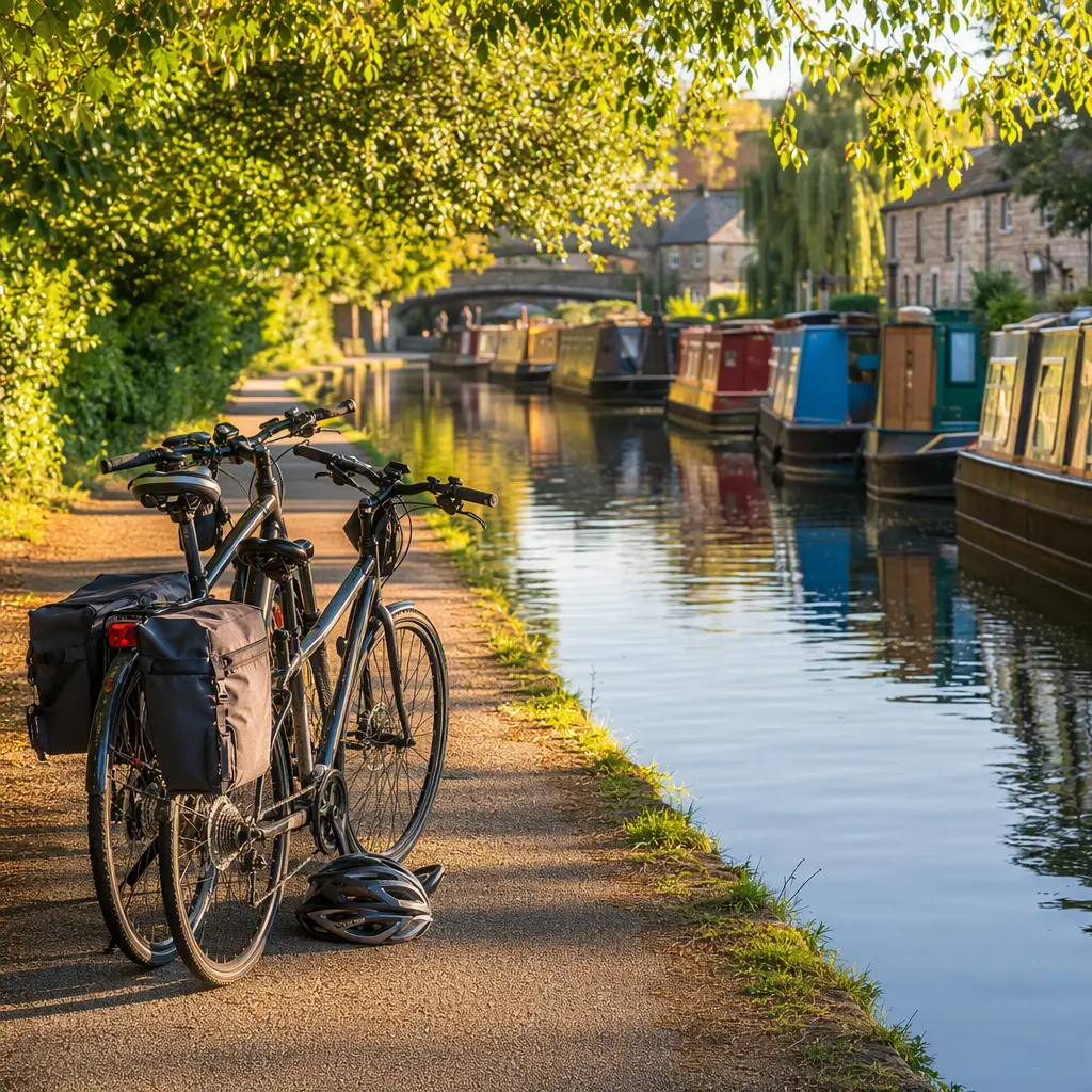 Hybrid bikes beside a canal during golden hour