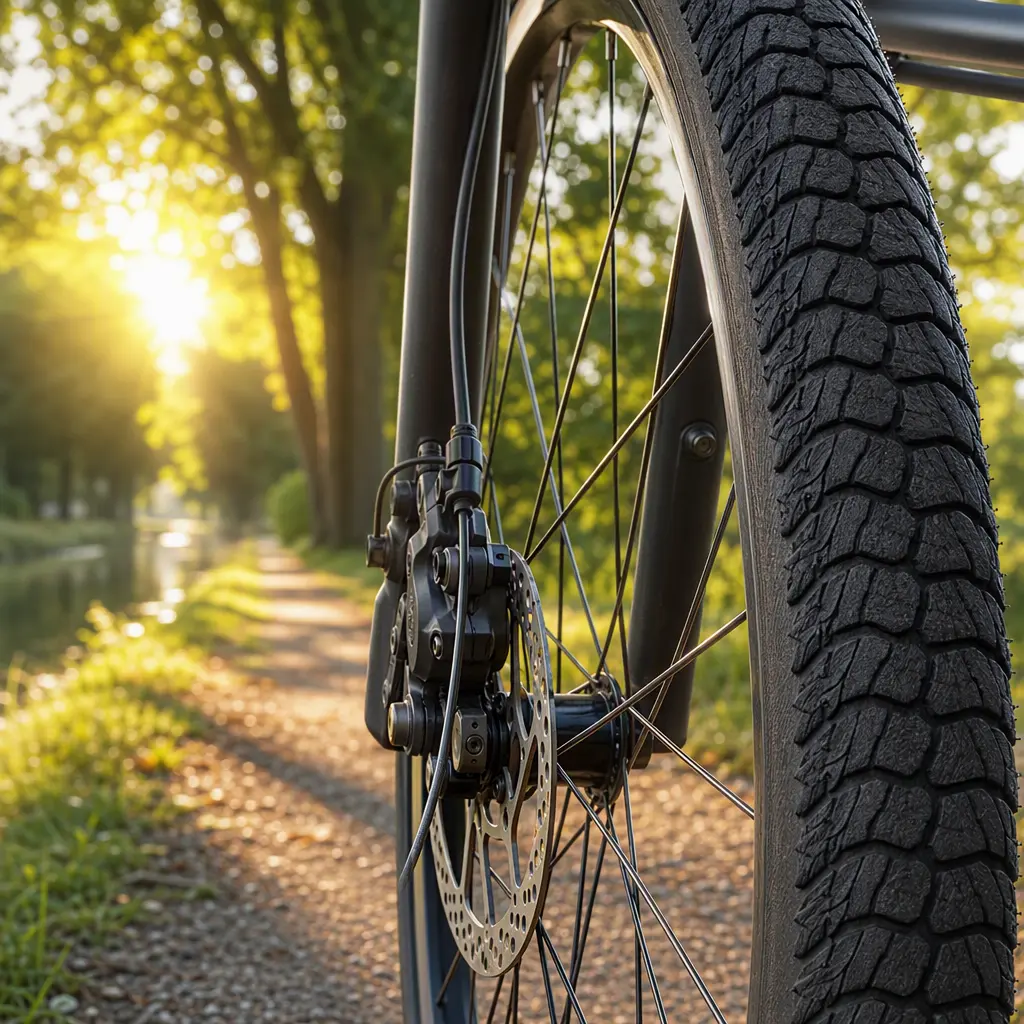 Close-up of a hybrid bike tyre and disc brake on gravel
