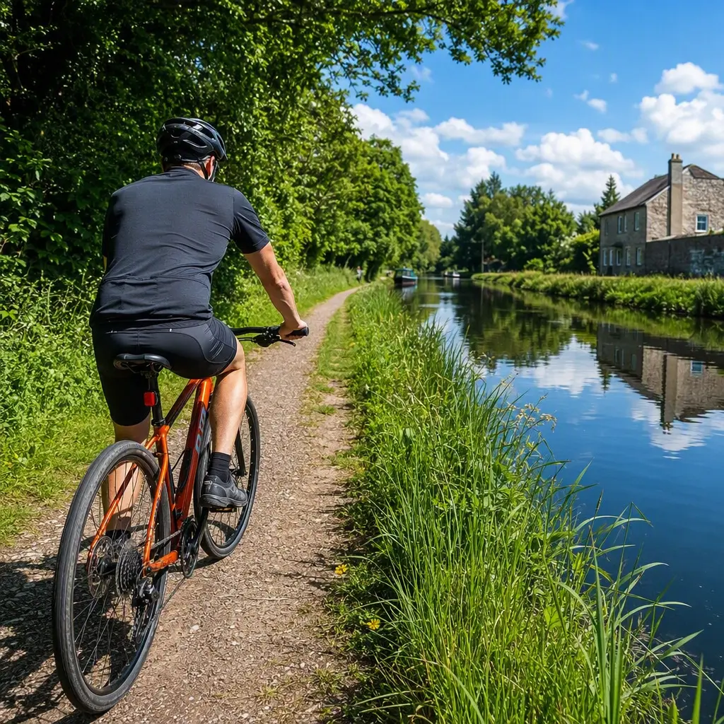 Hybrid bike rider cycling beside a sunny canal towpath