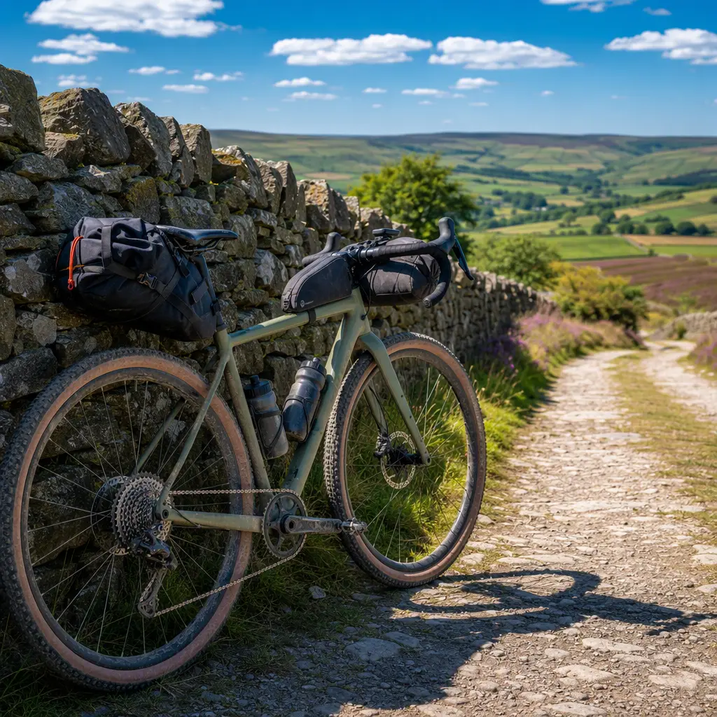 A practical all-road gravel bike beside a sunny rural lane in the UK.