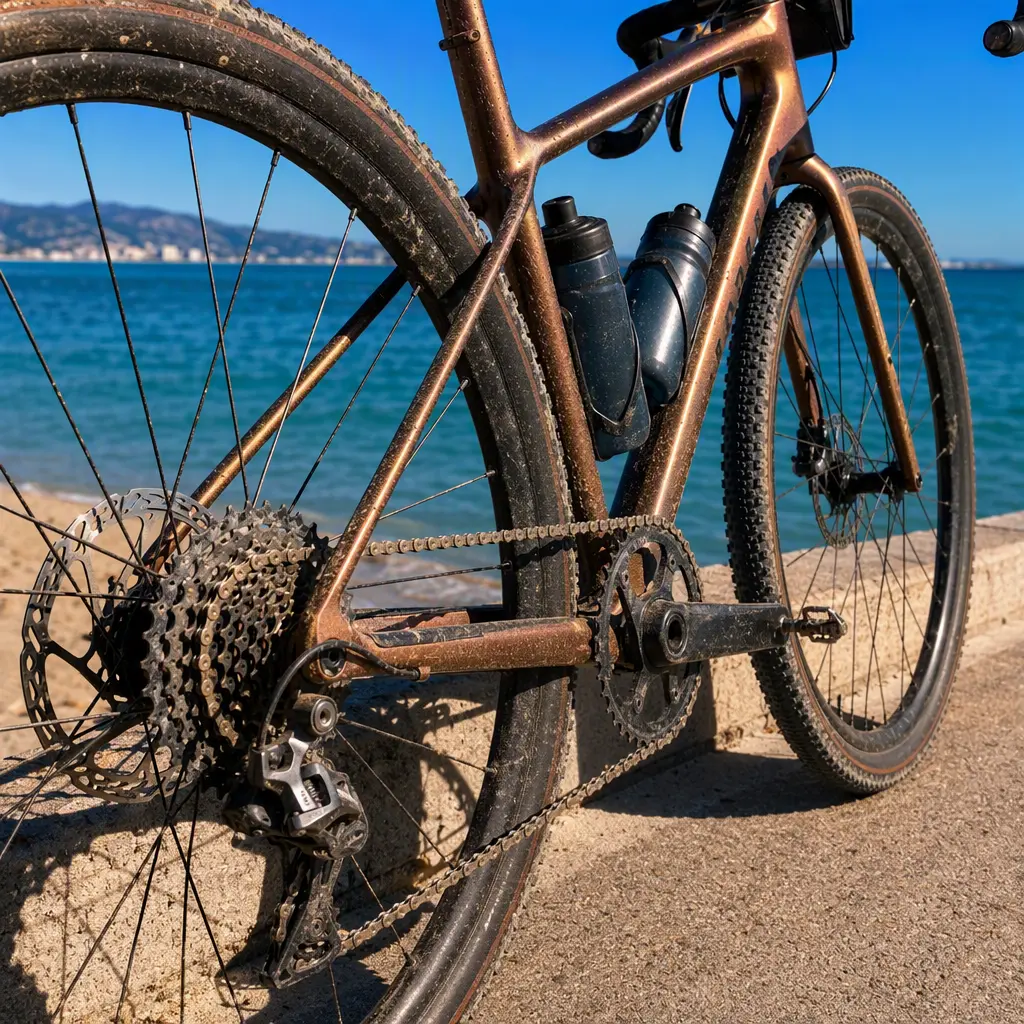 A close-up of an all-road gravel bike showing wide tyres and disc brakes in bright coastal light.