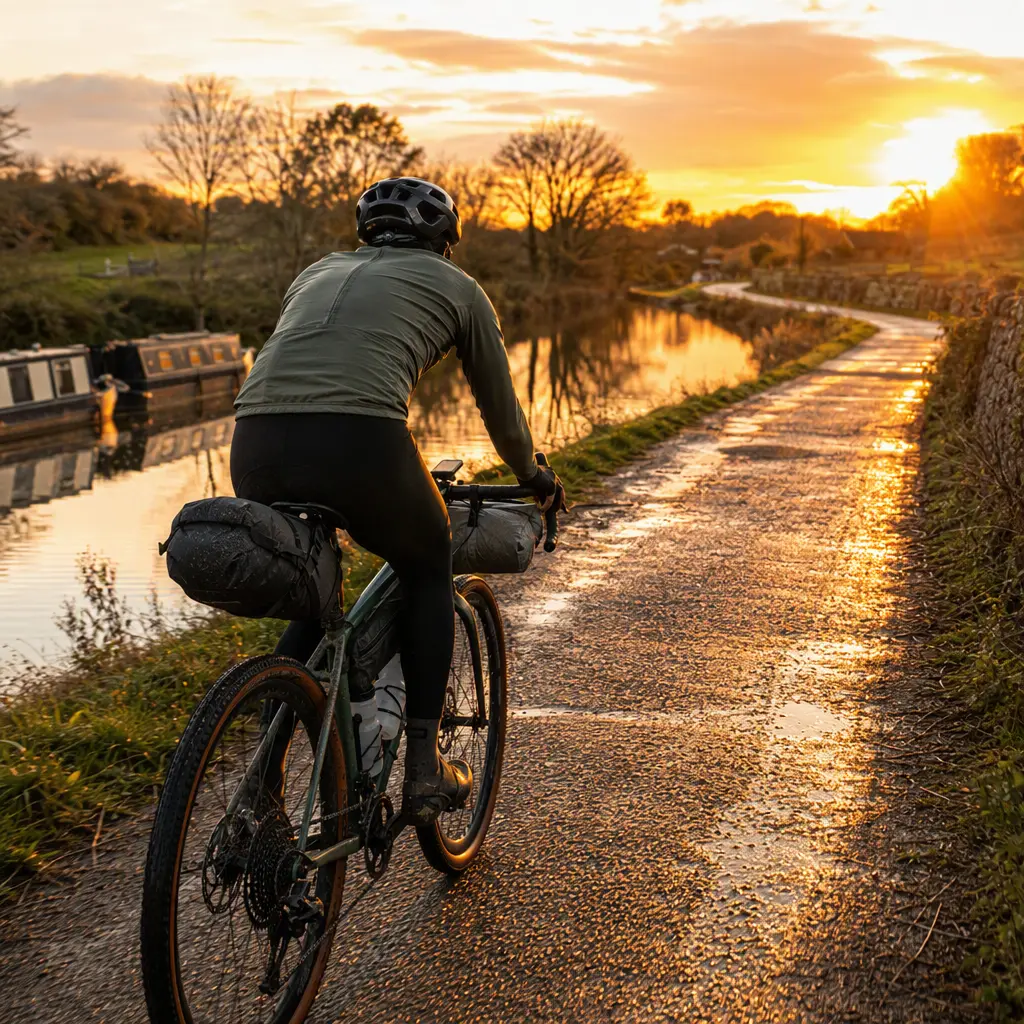 A gravel bike from the all-road category being ridden along a sunlit UK canal towpath at golden hour.