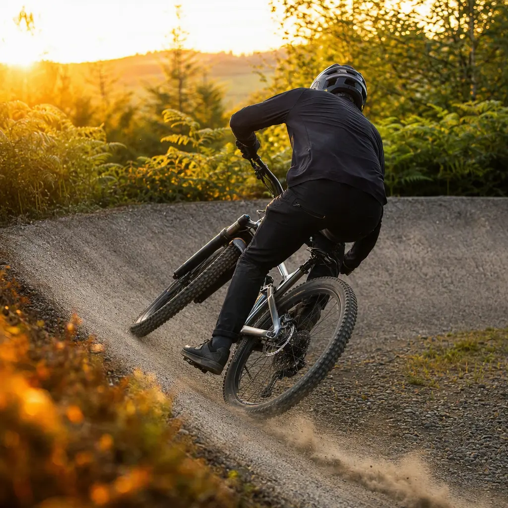 A full-suspension trail bike cornering on a sunlit UK trail-centre section at golden hour.