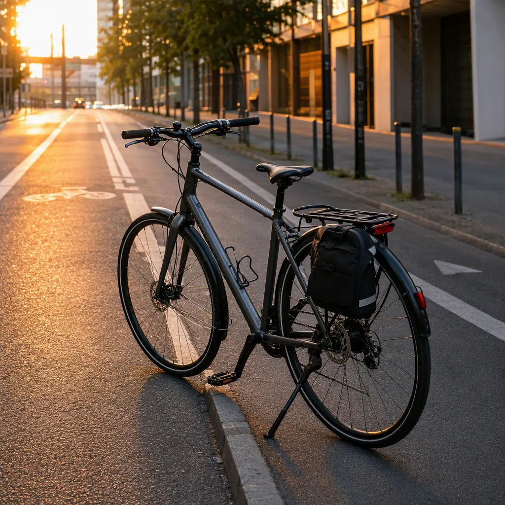 A hybrid commuter bike beside a cycle lane during golden hour.
