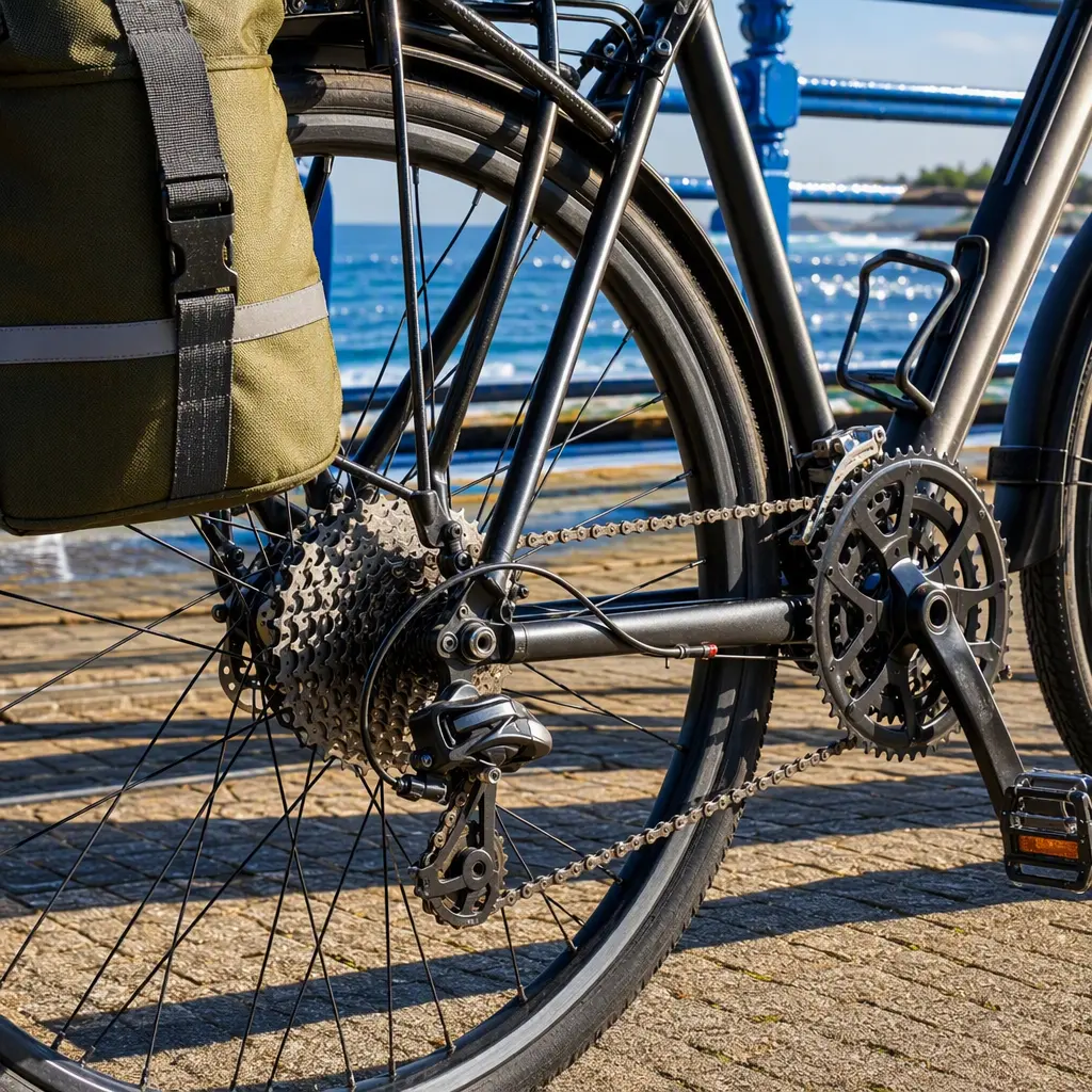 Close-up of a hybrid bike drivetrain and rear wheel in bright seaside sunlight.