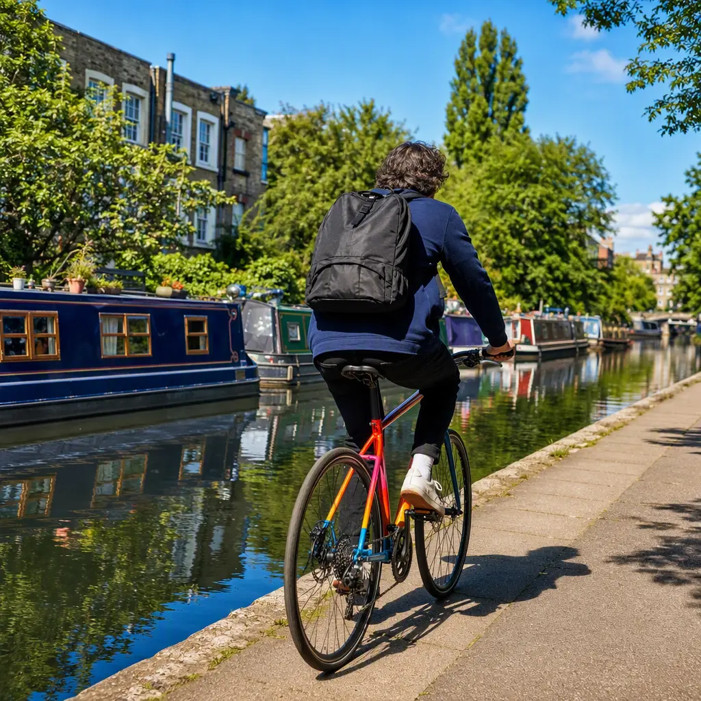 A flat-bar hybrid bike being ridden along a sunny canal towpath in the UK.
