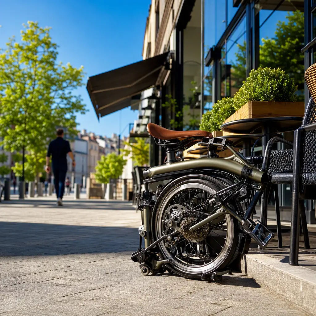 Compact premium folding bike folded on a bright sunny city street