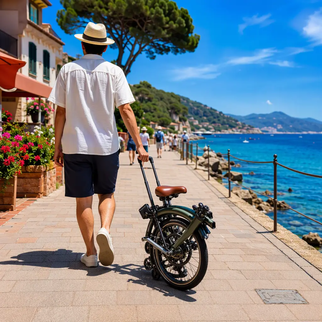 High-end folding bike being wheeled along a sunny seafront promenade