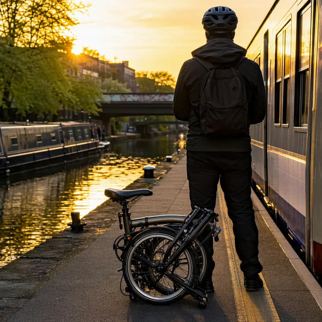 Premium folding bike beside a sunny urban canal and train platform at golden hour